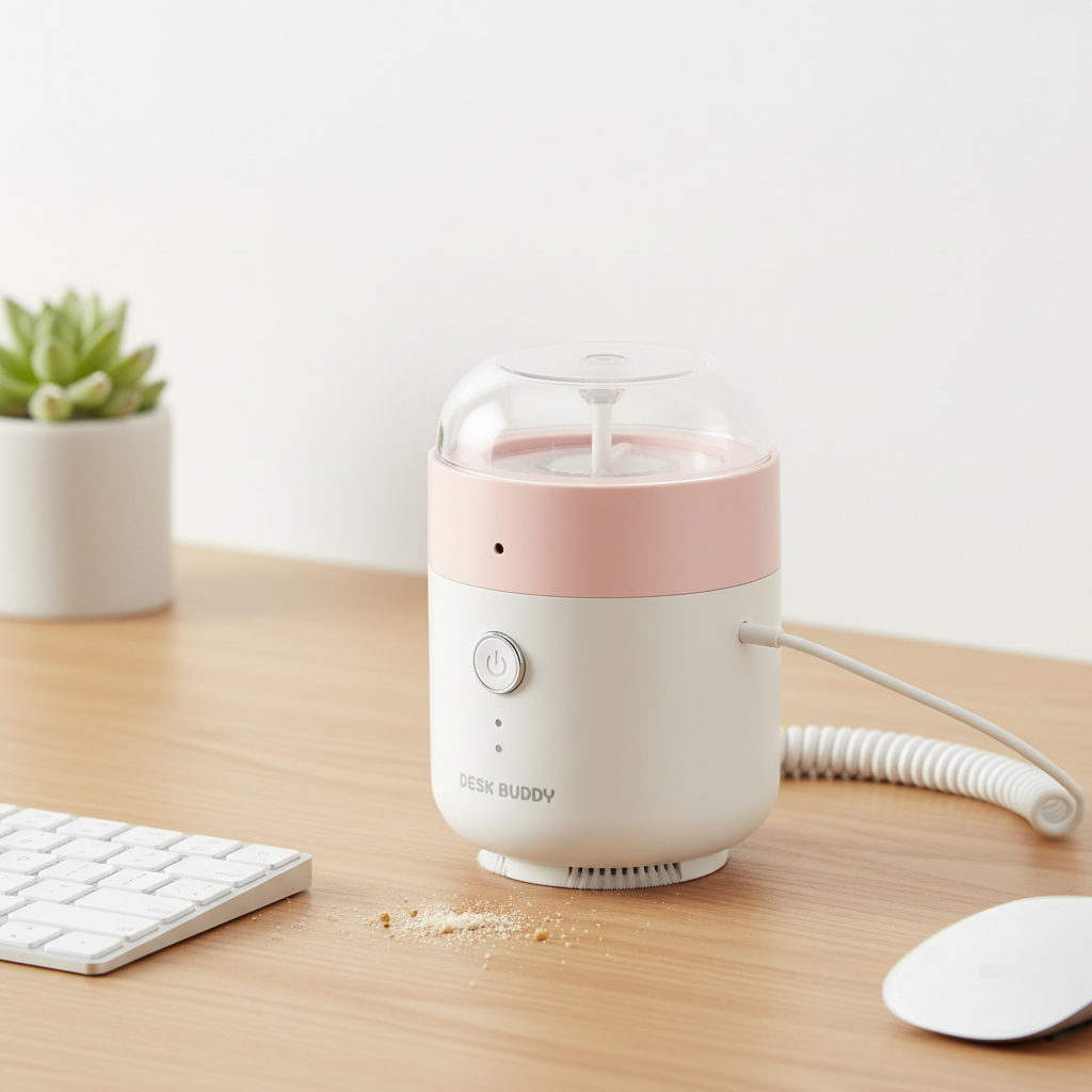 Mini aspirateur de bureau USB rechargeable compact sur un bureau moderne