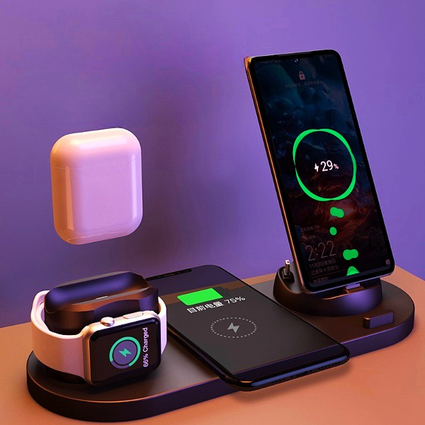 Station de Charge Sans Fil 6 en 1 – Chargeur Rapide pour iPhone, Montre & Plus