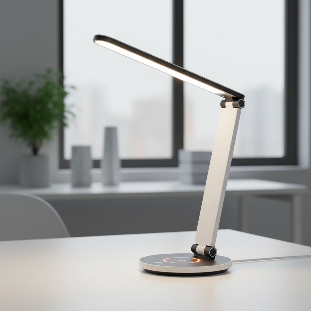 Lampe LED pliable avec chargeur sans fil intégré sur bureau moderne