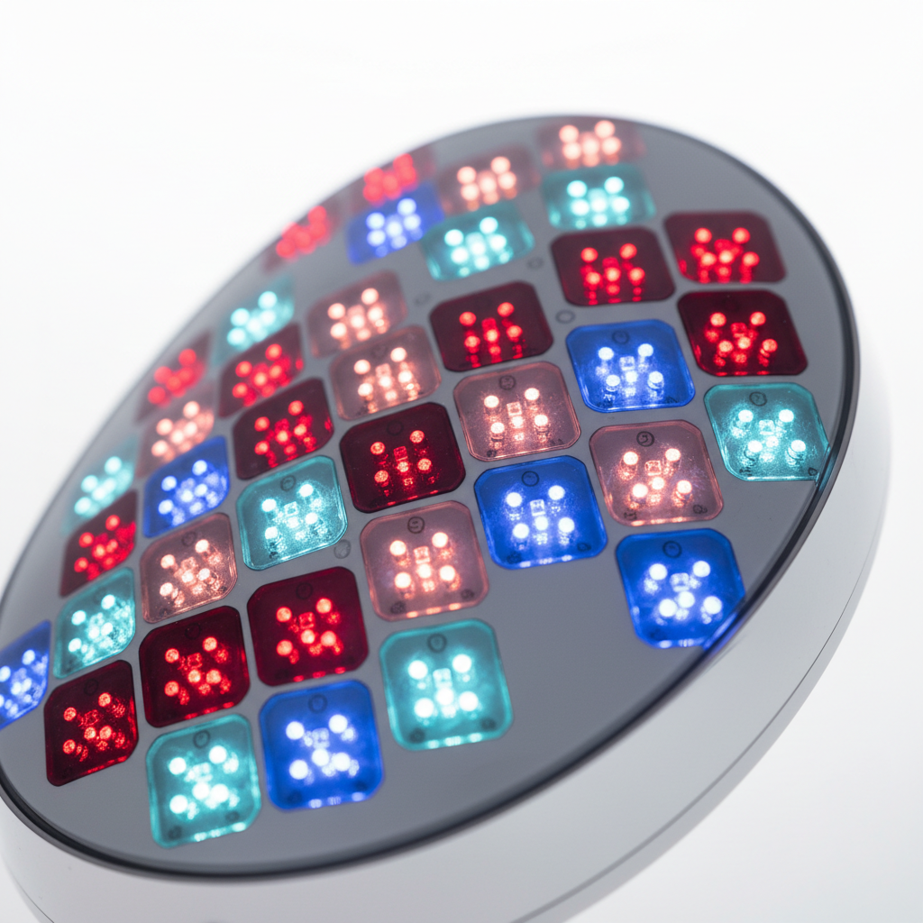 Gros plan panneaux LED rouge et bleu du masque luminothérapie