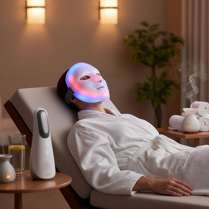 Femme portant le masque LED luminothérapie en séance soin visage